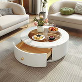 Round coffee table with luxury glass top and built-in drawers for stylish storage